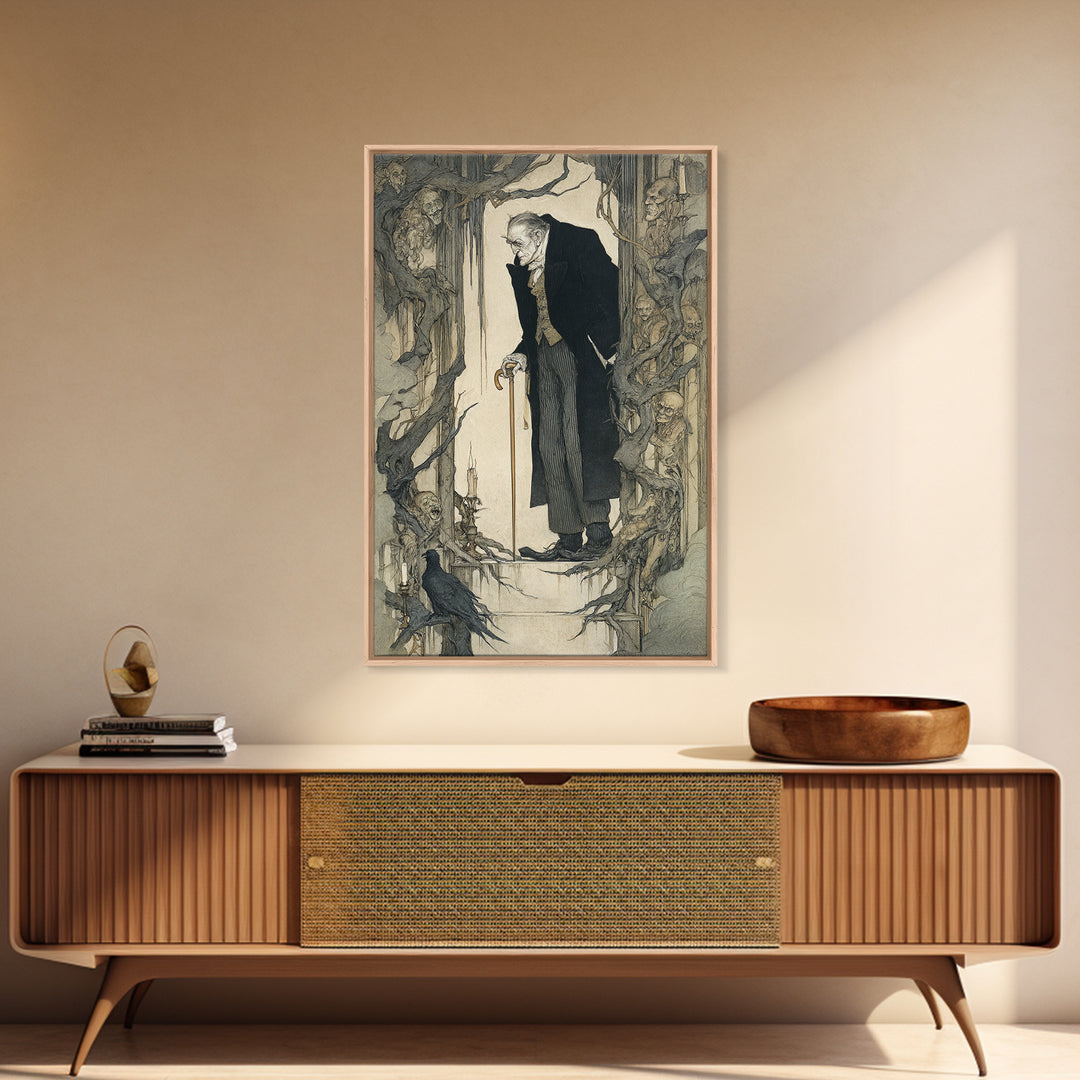 The Sinister Undertaker, Gothic Storybook Art, Vertical Wall Art, Gothic Horror Wall Art, Framed Canvas Print, Halloween Wall Art