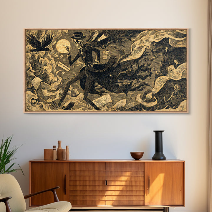 The Sinister Undertaker, Macabre Folk Print Art, Wide Panoramic Art, Dark Fantasy Wall Art, Canvas Print, Halloween Wall Art