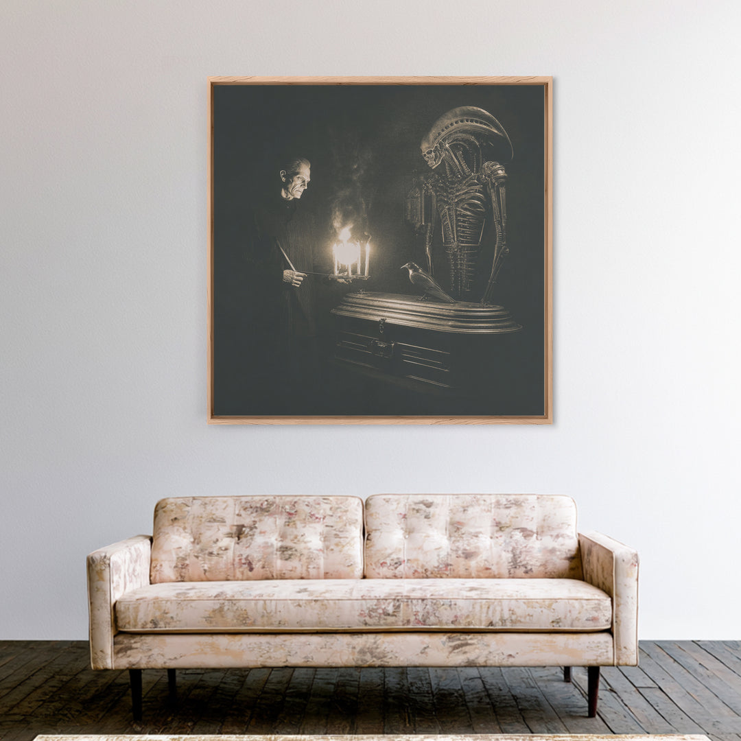 The Sinister Undertaker, Biomechanical Horror Art, Square Wall Art, Dark Fantasy Wall Art, Framed Canvas Print, Halloween Wall Art