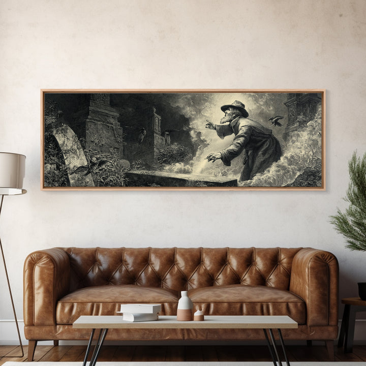 The Lantern Gravedigger, Gothic Engraving Art, Extra Wide Wall Art, Dark Fantasy Wall Art, Canvas Print, Halloween Wall Art