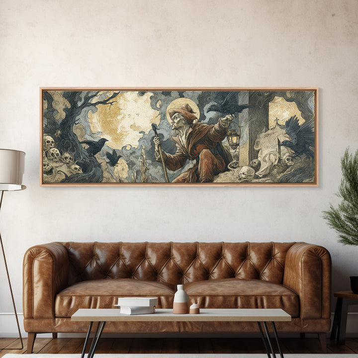The Lantern Gravedigger, Dark Renaissance Art, Extra Wide Wall Art, Macabre Wall Art, Framed Canvas Print, Halloween Wall Art