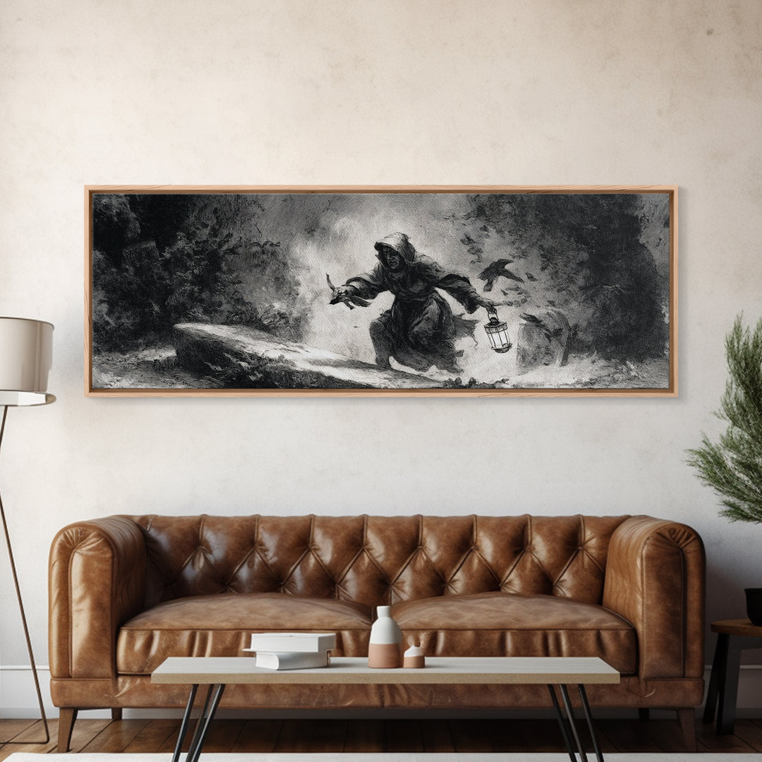 The Lantern Gravedigger, Dark Romantic Horror Art, Extra Wide Wall Art, Dark Fantasy Wall Art, Framed Canvas Print, Halloween Wall Art