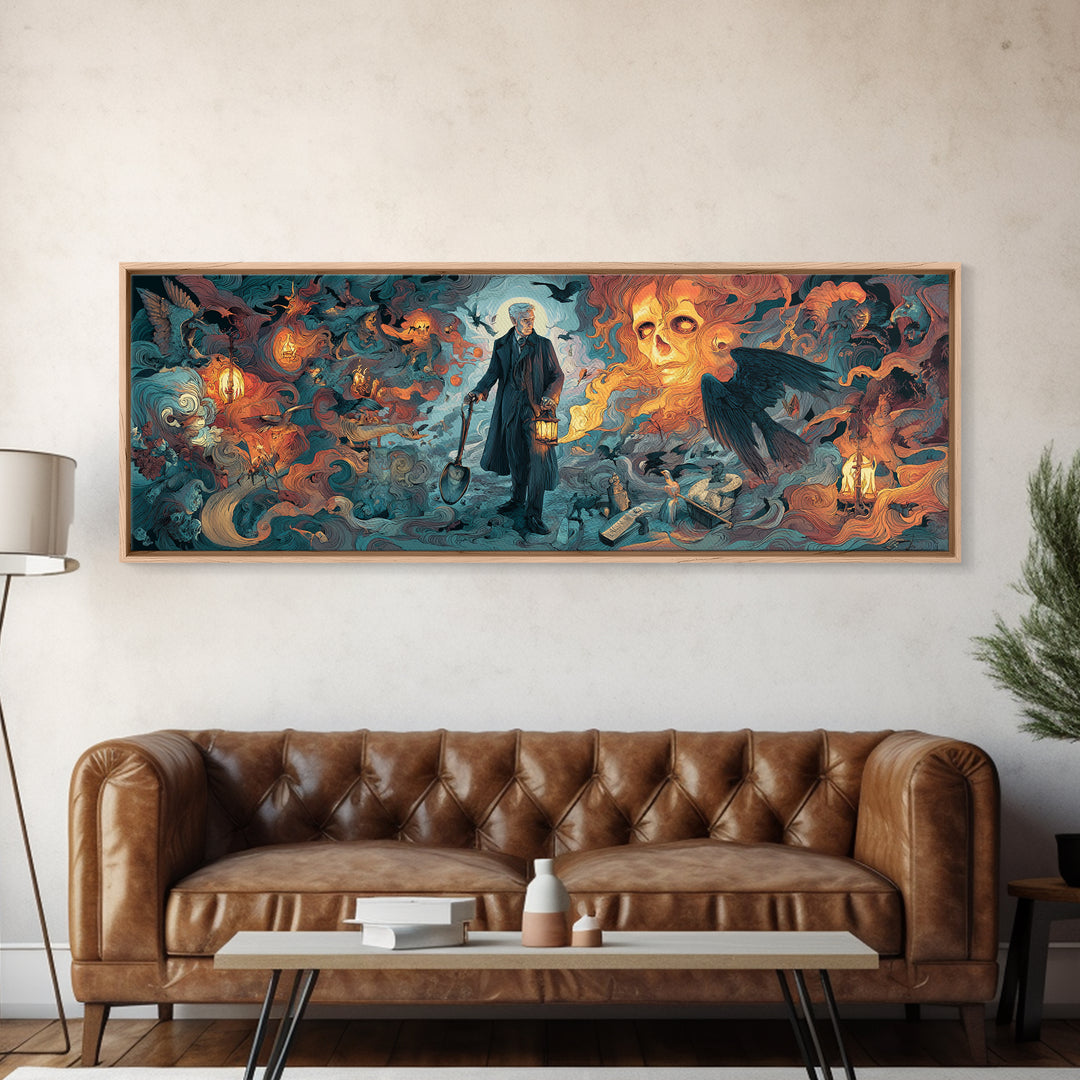 The Lantern Gravedigger, Visionary Gothic Art, Extra Wide Wall Art, Gothic Horror Wall Art, Framed Canvas Print, Halloween Wall Art