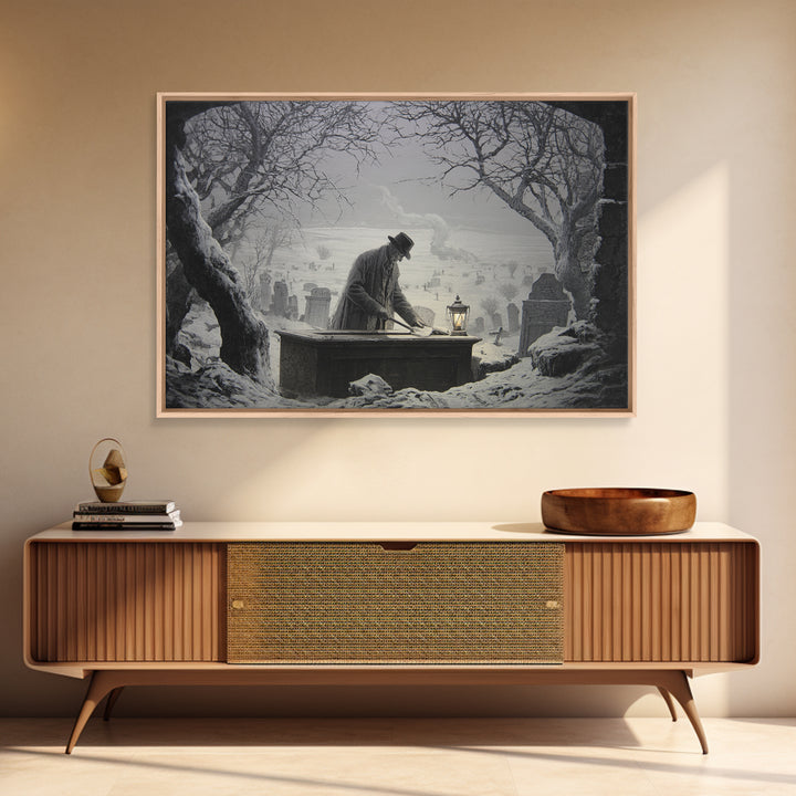 The Lantern Gravedigger, Romantic Gothic Landscape, Landscape Wall Art, Macabre Wall Art, Canvas Print, Halloween Wall Art