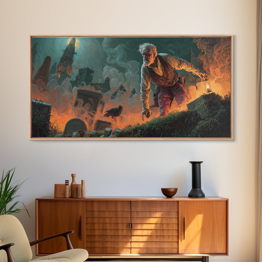 The Lantern Gravedigger, Apocalyptic Romantic Art, Wide Panoramic Art, Gothic Horror Wall Art, Canvas Print, Halloween Wall Art