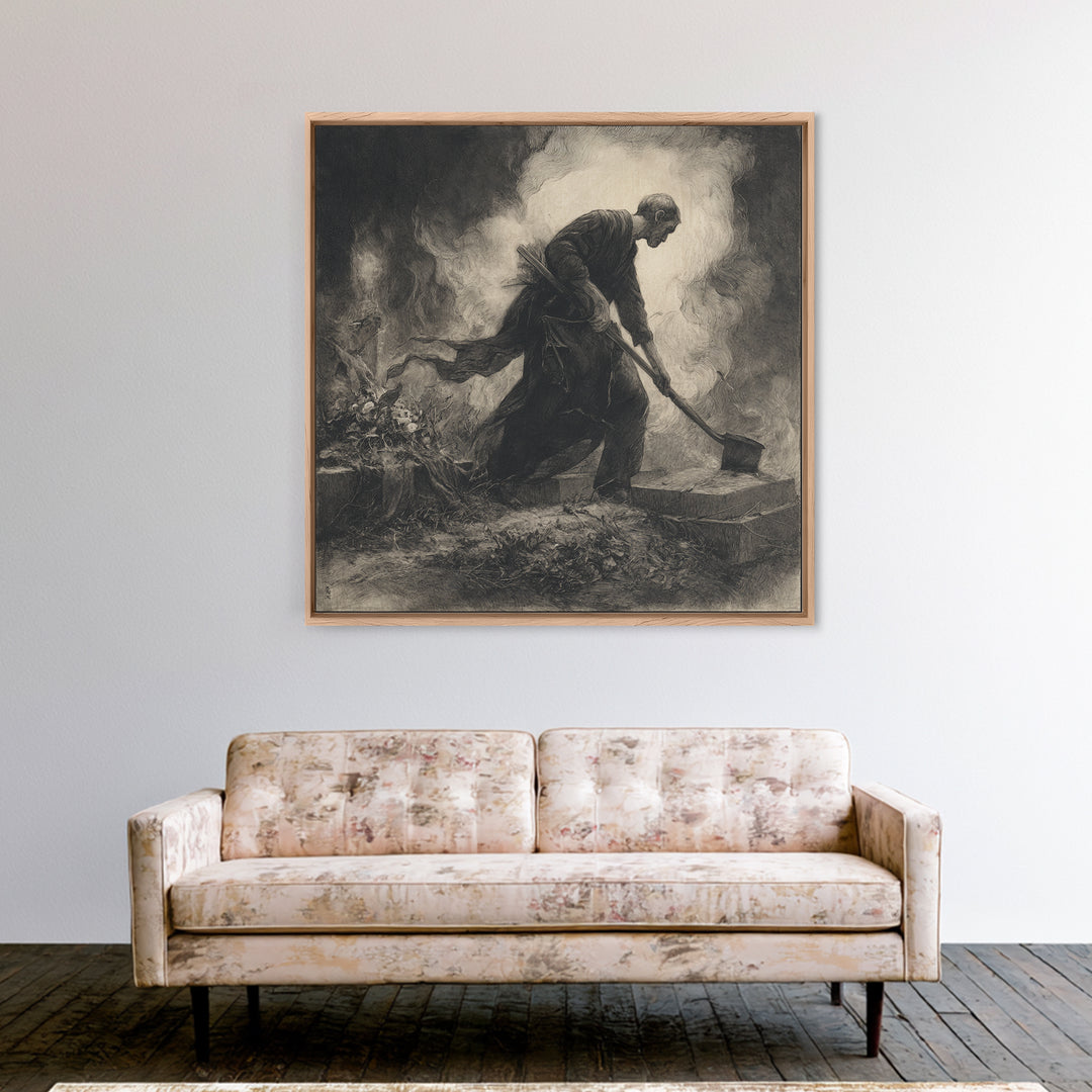 The Lantern Gravedigger, Symbolist Dream Art, Square Wall Art, Macabre Wall Art, Canvas Print, Halloween Wall Art, Seasonal Home Decor