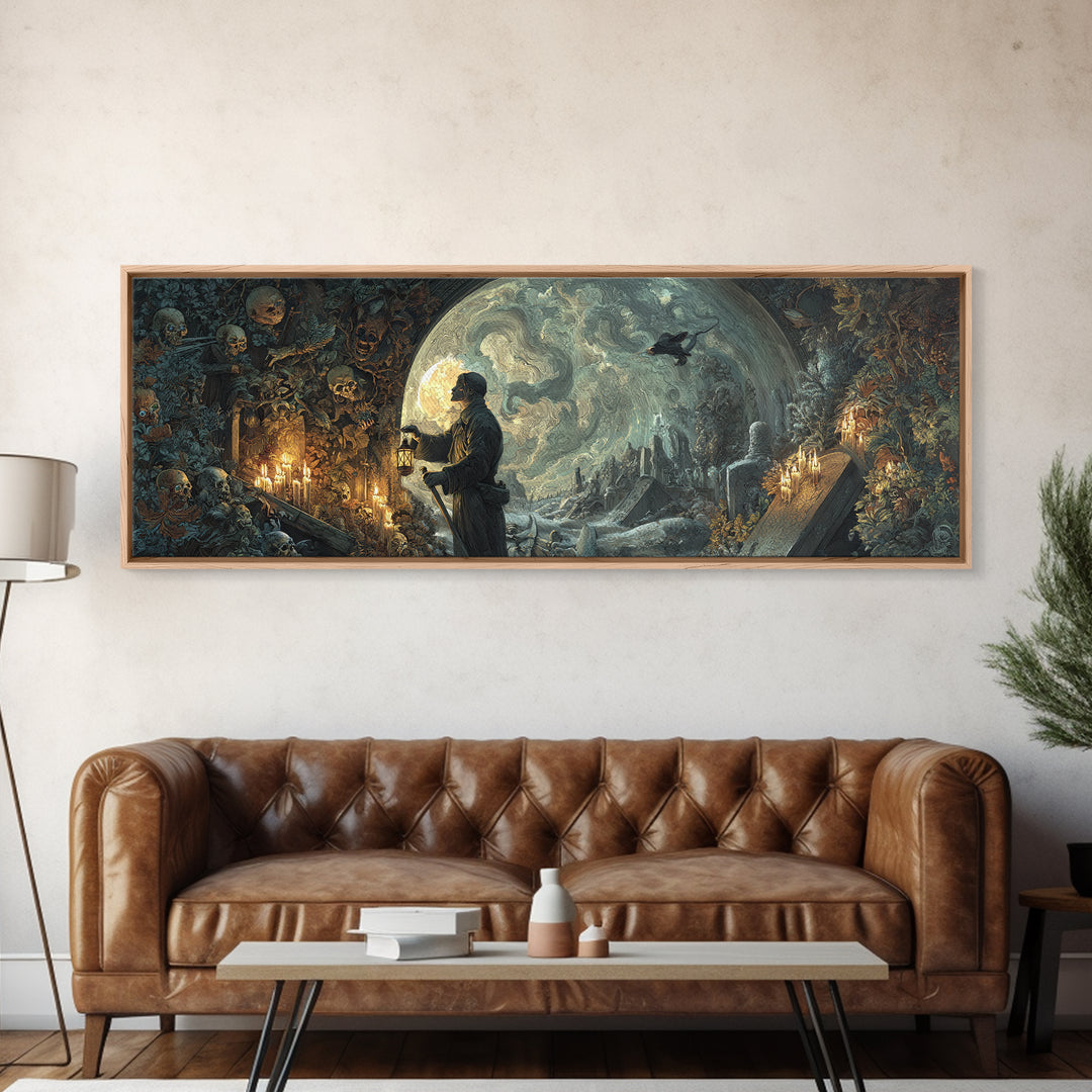 The Lantern Gravedigger, Ornate Symbolist Art, Extra Wide Wall Art, Gothic Horror Wall Art, Framed Canvas Print, Halloween Wall Art