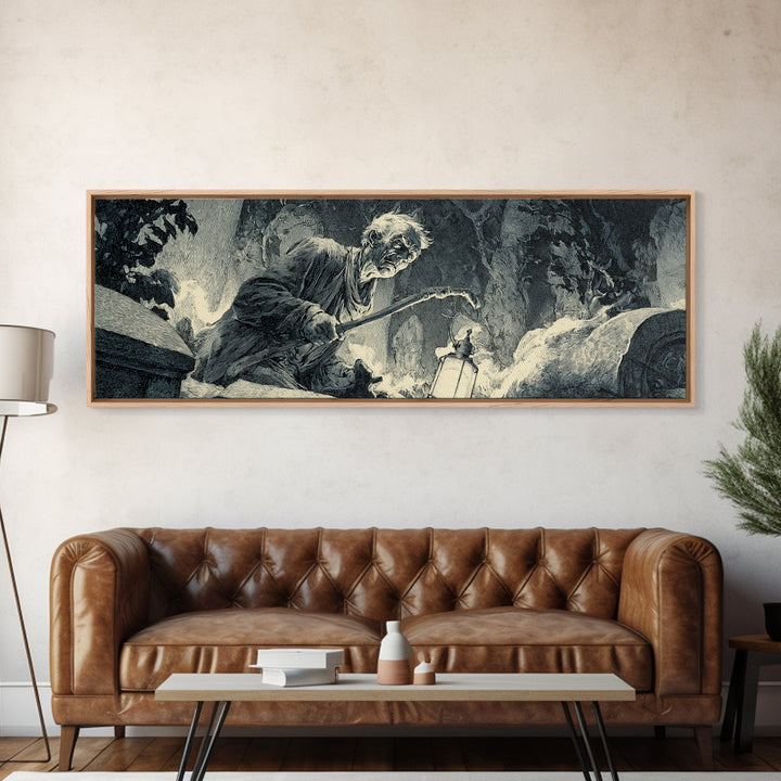 The Lantern Gravedigger, Decadent Gothic Art, Extra Wide Wall Art, Dark Halloween Decor, Framed Canvas Print, Halloween Wall Art