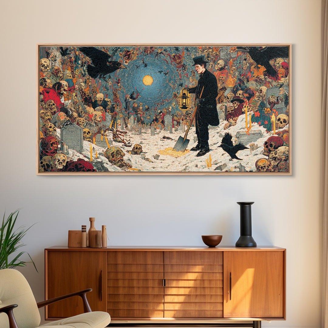 The Lantern Gravedigger, Grotesque Carnival Art, Wide Panoramic Art, Dark Fantasy Wall Art, Canvas Print, Halloween Wall Art
