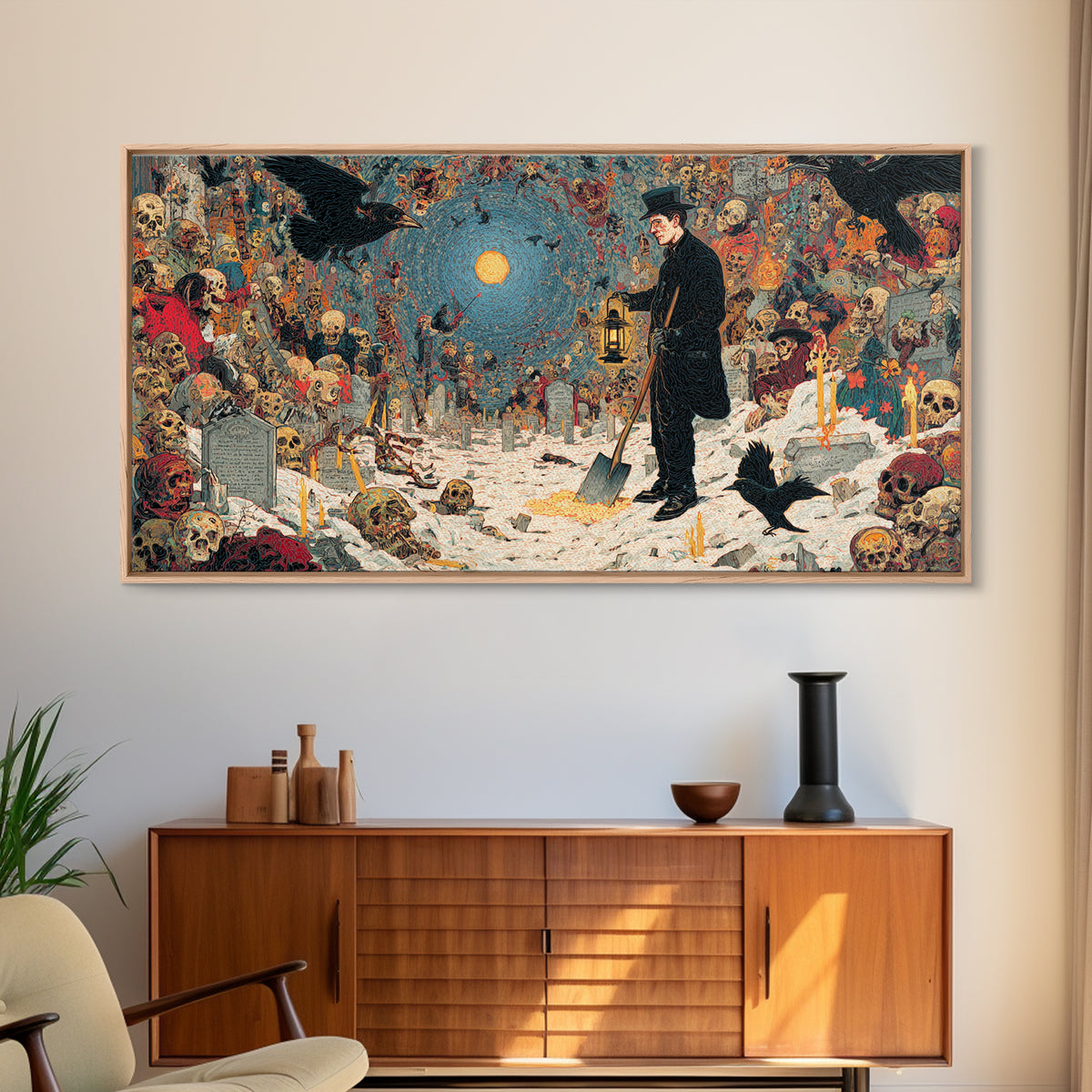 The Lantern Gravedigger, Grotesque Carnival Art, Wide Panoramic Art, Dark Fantasy Wall Art, Canvas Print, Halloween Wall Art