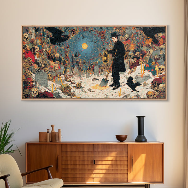 The Lantern Gravedigger, Grotesque Carnival Art, Wide Panoramic Art, Dark Fantasy Wall Art, Canvas Print, Halloween Wall Art