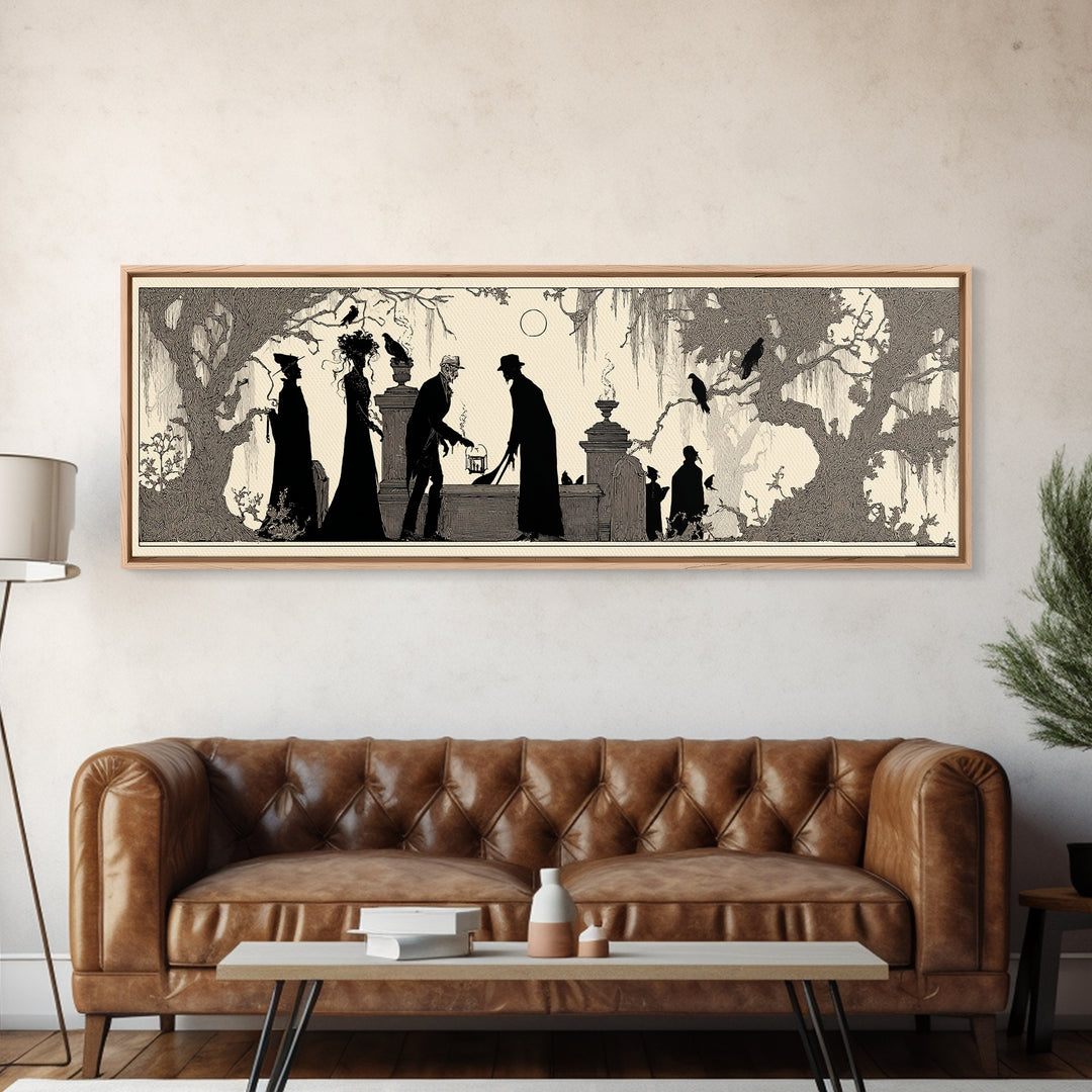The Lantern Gravedigger, Decadent Line Art, Extra Wide Wall Art, Macabre Wall Art, Canvas Print, Halloween Wall Art