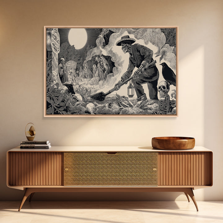 The Lantern Gravedigger, Macabre Folk Print Art, Wide Panoramic Art, Macabre Wall Art, Canvas Print, Halloween Wall Art