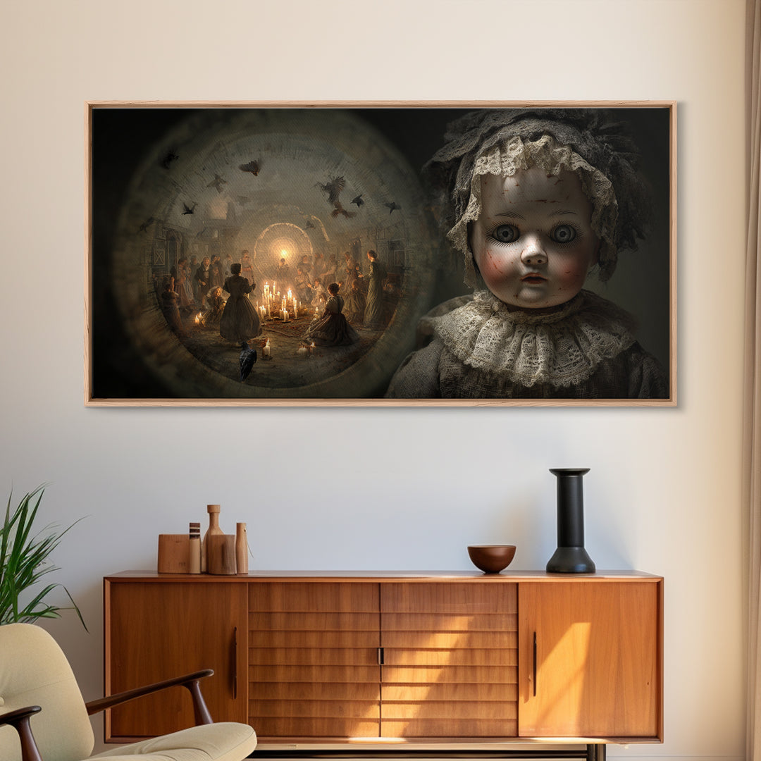 The Haunted Porcelain Doll, Northern Renaissance Horror, Wide Panoramic Art, Dark Halloween Decor, Framed Canvas Print