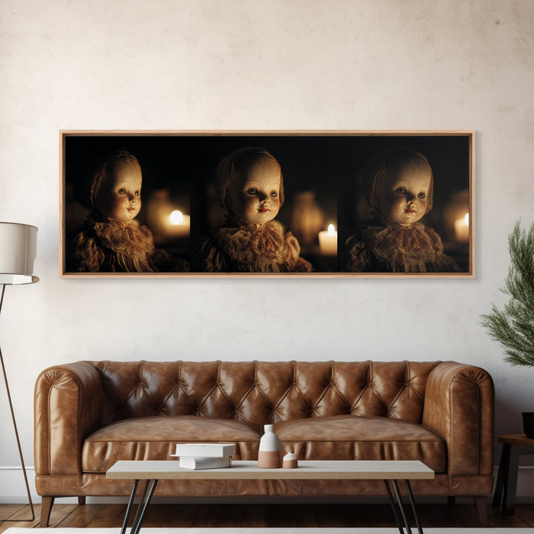 The Haunted Porcelain Doll, Dark Renaissance Art, Extra Wide Wall Art, Macabre Wall Art, Framed Canvas Print, Halloween Wall Art