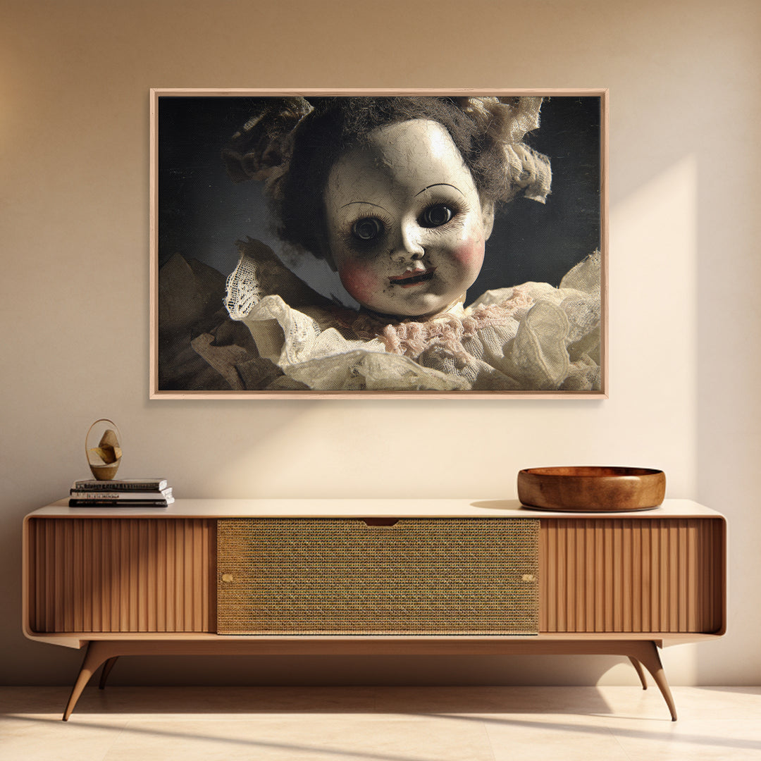 The Haunted Porcelain Doll, Dark Romantic Horror Art, Landscape Wall Art, Dark Halloween Decor, Framed Canvas Print, Halloween Wall Art