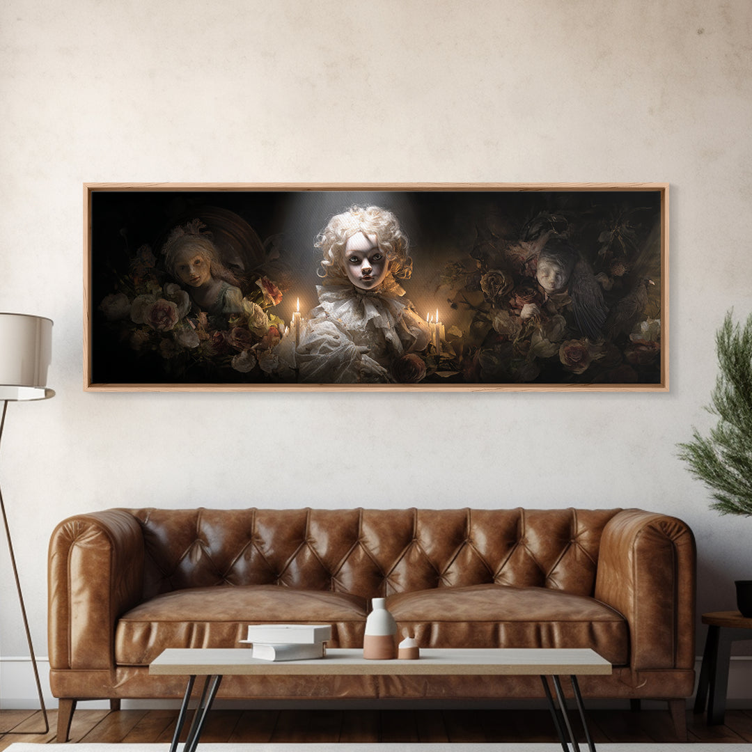 The Haunted Porcelain Doll, Gothic Nightmare Art, Extra Wide Wall Art, Dark Halloween Decor, Framed Canvas Print, Halloween Wall Art