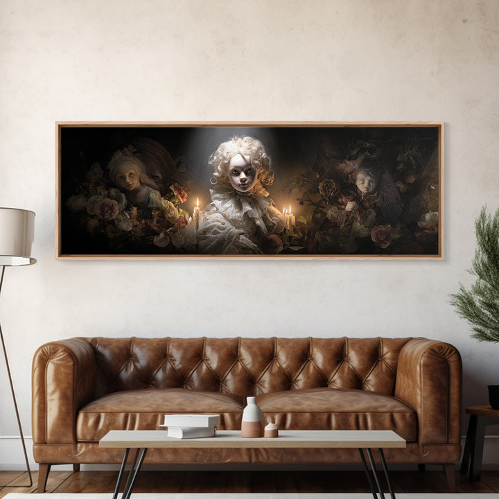 The Haunted Porcelain Doll, Gothic Nightmare Art, Extra Wide Wall Art, Dark Halloween Decor, Framed Canvas Print, Halloween Wall Art
