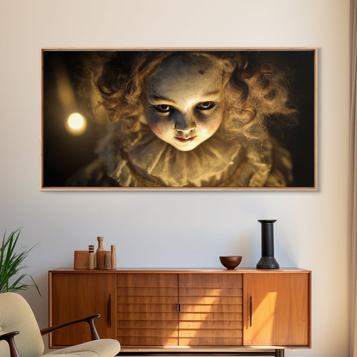 The Haunted Porcelain Doll, Visionary Gothic Art, Wide Panoramic Art, Dark Halloween Decor, Canvas Print, Halloween Wall Art