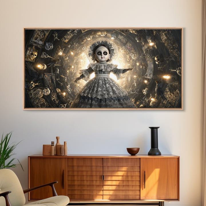 The Haunted Porcelain Doll, Macabre Folk Print Art, Wide Panoramic Art, Gothic Horror Wall Art, Framed Canvas Print