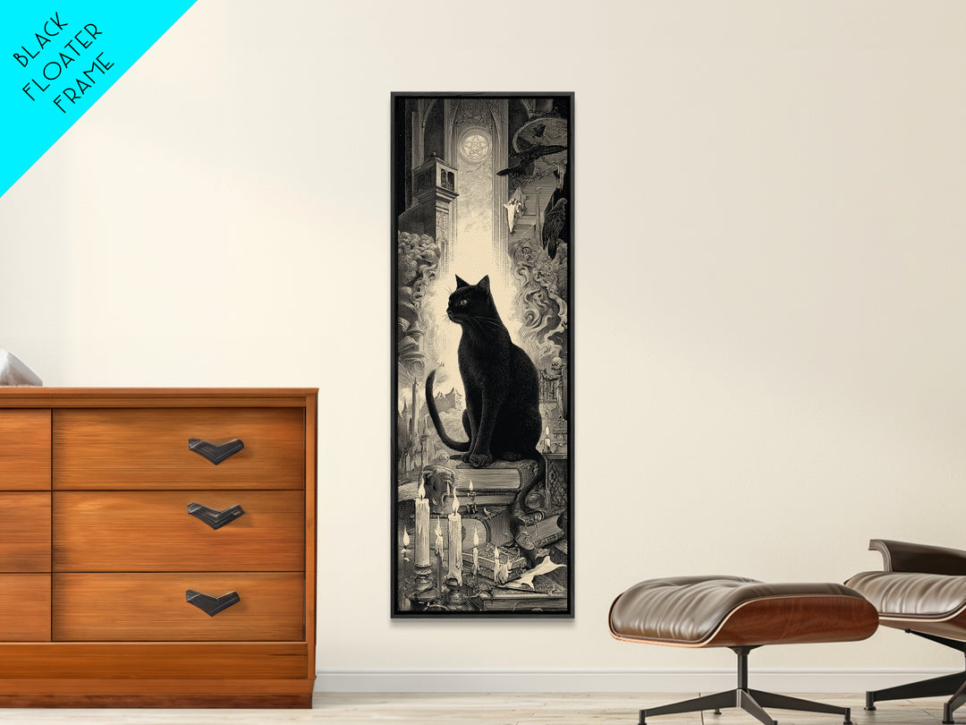 The Black Cat Familiar, Gothic Engraving Art, Tall Narrow Wall Art, Macabre Wall Art, Framed Canvas Print, Halloween Wall Art