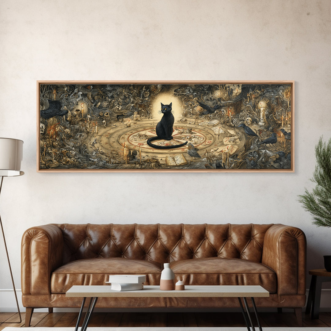 The Black Cat Familiar, Medieval Grotesque Art, Extra Wide Wall Art, Dark Halloween Decor, Canvas Print, Halloween Wall Art