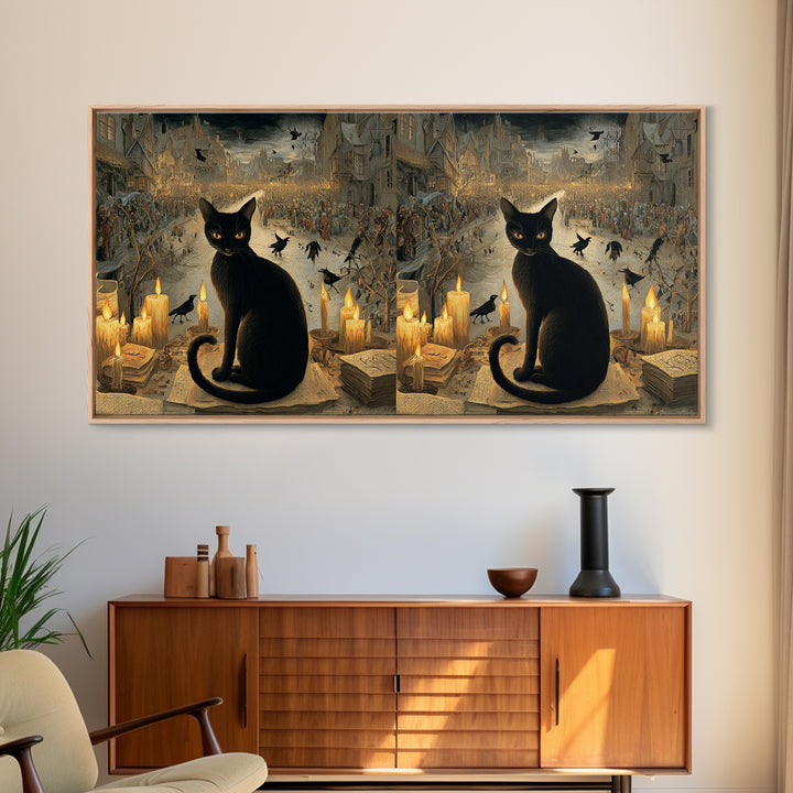 The Black Cat Familiar, Northern Renaissance Horror, Wide Panoramic Art, Dark Halloween Decor, Canvas Print, Halloween Wall Art