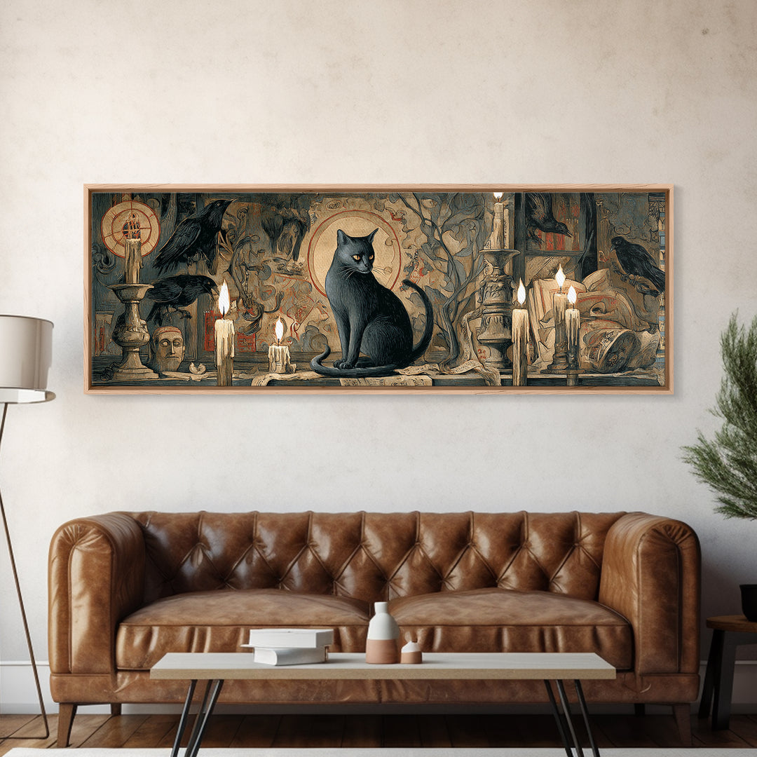 The Black Cat Familiar, Dark Renaissance Art, Extra Wide Wall Art, Dark Fantasy Wall Art, Framed Canvas Print, Halloween Wall Art