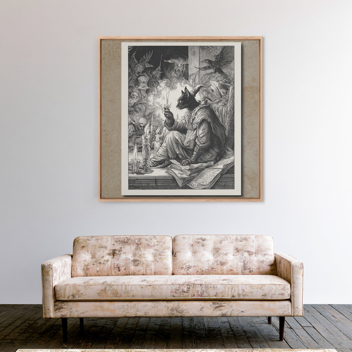 The Black Cat Familiar, Renaissance Engraving Art, Square Wall Art, Dark Fantasy Wall Art, Canvas Print, Halloween Wall Art
