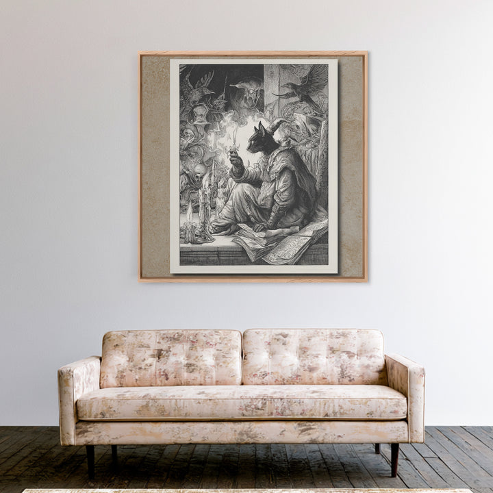 The Black Cat Familiar, Renaissance Engraving Art, Square Wall Art, Dark Fantasy Wall Art, Canvas Print, Halloween Wall Art