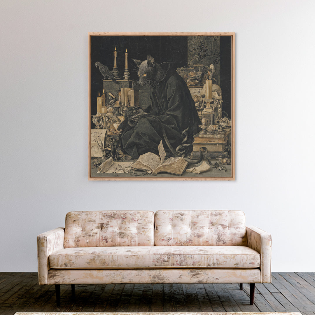 The Black Cat Familiar, Danse Macabre Art, Square Wall Art, Dark Halloween Decor, Canvas Print, Halloween Wall Art