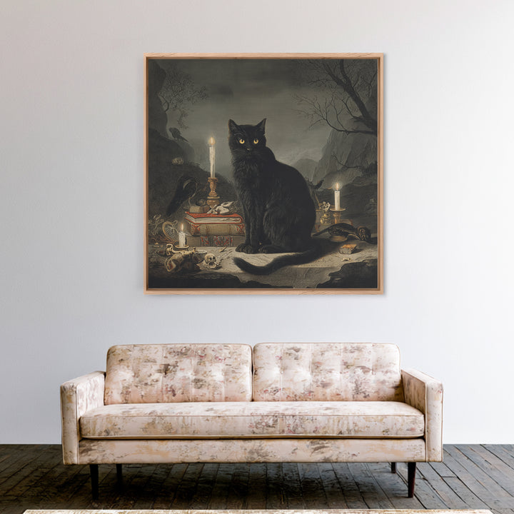 The Black Cat Familiar, Baroque Witchcraft Art, Square Wall Art, Macabre Wall Art, Framed Canvas Print, Halloween Wall Art