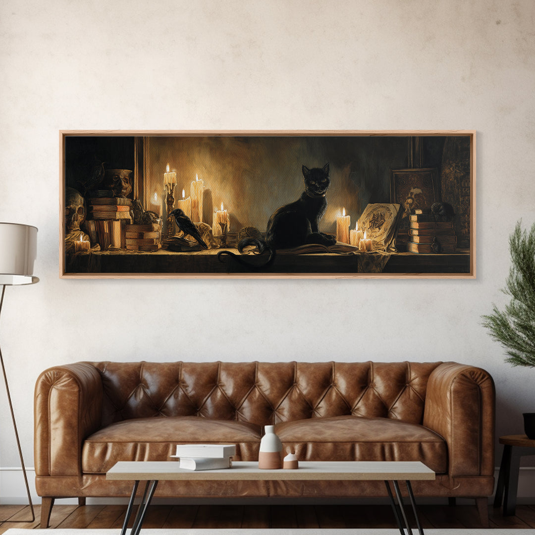 The Black Cat Familiar, Gothic Nightmare Art, Extra Wide Wall Art, Dark Halloween Decor, Canvas Print, Halloween Wall Art