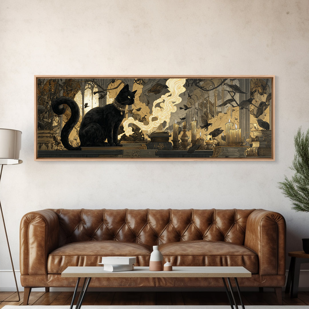 The Black Cat Familiar, Visionary Gothic Art, Extra Wide Wall Art, Macabre Wall Art, Canvas Print, Halloween Wall Art, Horror Wall Art