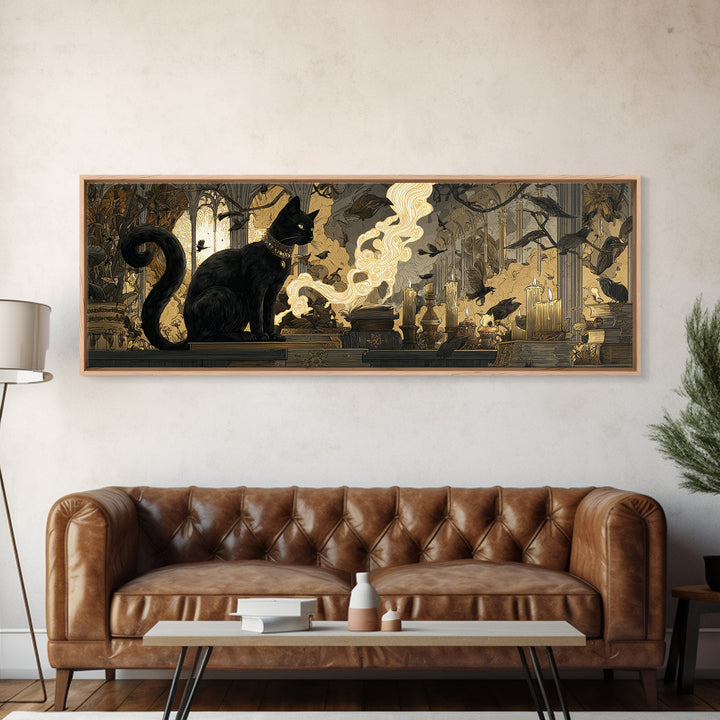 The Black Cat Familiar, Visionary Gothic Art, Extra Wide Wall Art, Macabre Wall Art, Canvas Print, Halloween Wall Art, Horror Wall Art