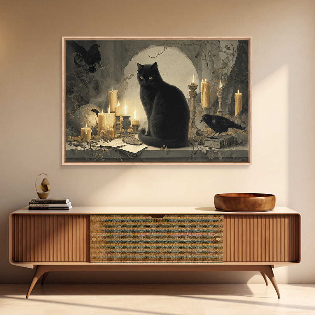 The Black Cat Familiar, Romantic Gothic Landscape, Landscape Wall Art, Dark Halloween Decor, Canvas Print, Halloween Wall Art