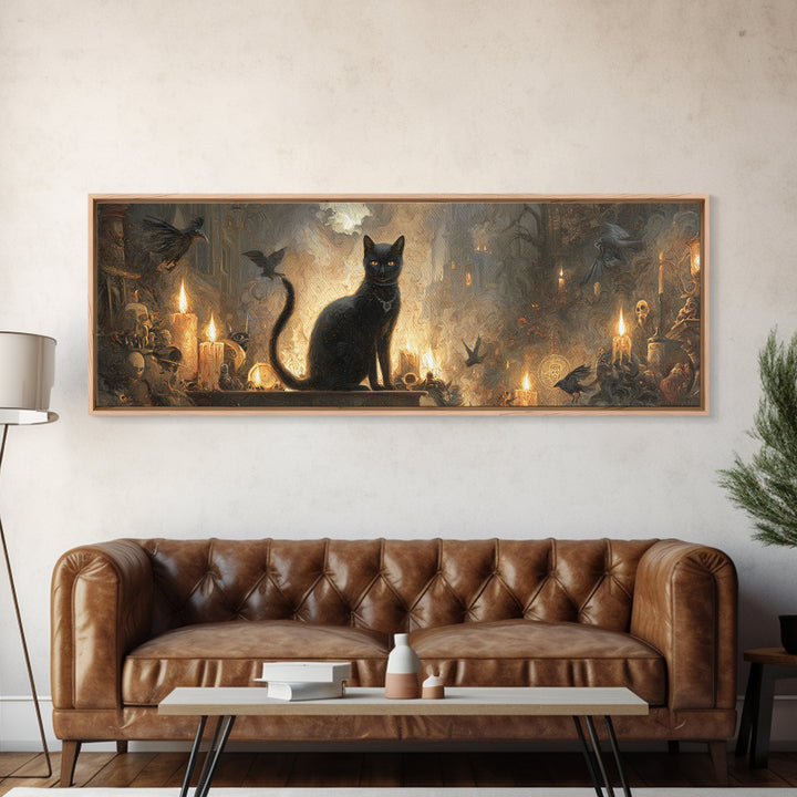 The Black Cat Familiar, Apocalyptic Romantic Art, Extra Wide Wall Art, Dark Fantasy Wall Art, Framed Canvas Print, Halloween Wall Art