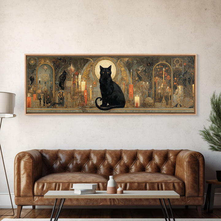 The Black Cat Familiar, Ornate Symbolist Art, Extra Wide Wall Art, Gothic Horror Wall Art, Canvas Print, Halloween Wall Art