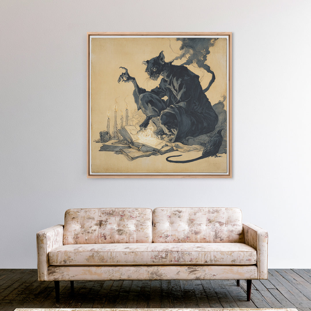 The Black Cat Familiar, Decadent Gothic Art, Square Wall Art, Dark Fantasy Wall Art, Canvas Print, Halloween Wall Art