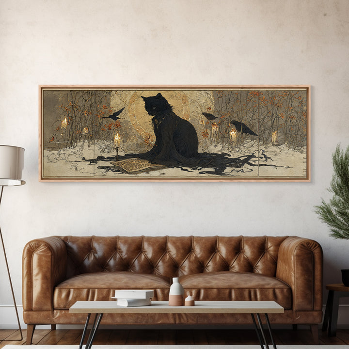 The Black Cat Familiar, Symbolist Death Art, Extra Wide Wall Art, Dark Fantasy Wall Art, Framed Canvas Print, Halloween Wall Art