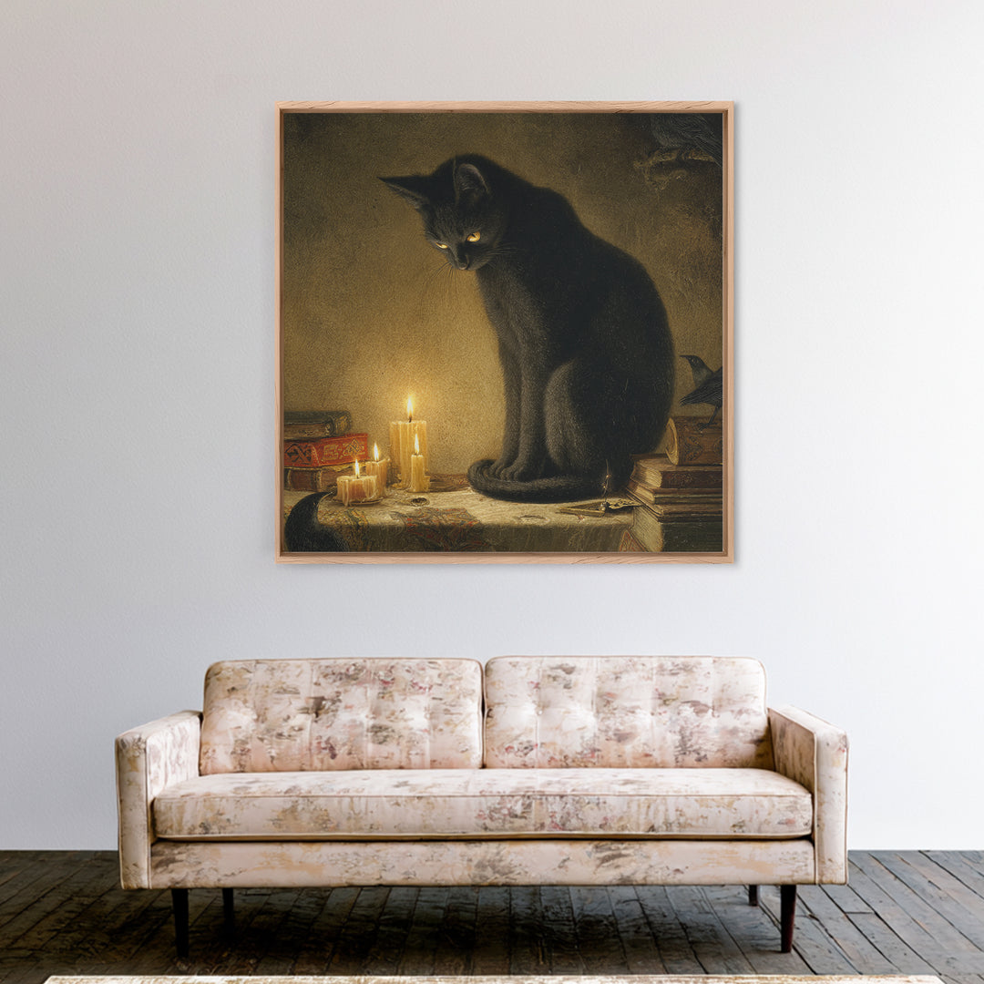 The Black Cat Familiar, Dark Symbolist Art, Square Wall Art, Dark Halloween Decor, Canvas Print, Halloween Wall Art