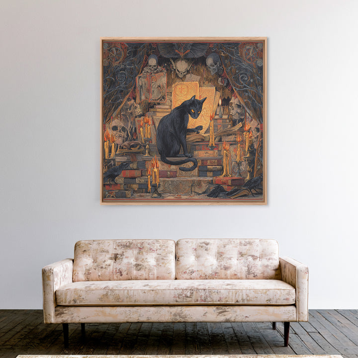 The Black Cat Familiar, Grotesque Carnival Art, Square Wall Art, Gothic Horror Wall Art, Framed Canvas Print, Halloween Wall Art
