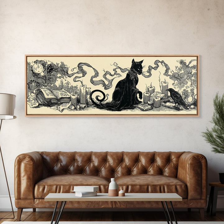 The Black Cat Familiar, Decadent Line Art, Extra Wide Wall Art, Dark Fantasy Wall Art, Framed Canvas Print, Halloween Wall Art