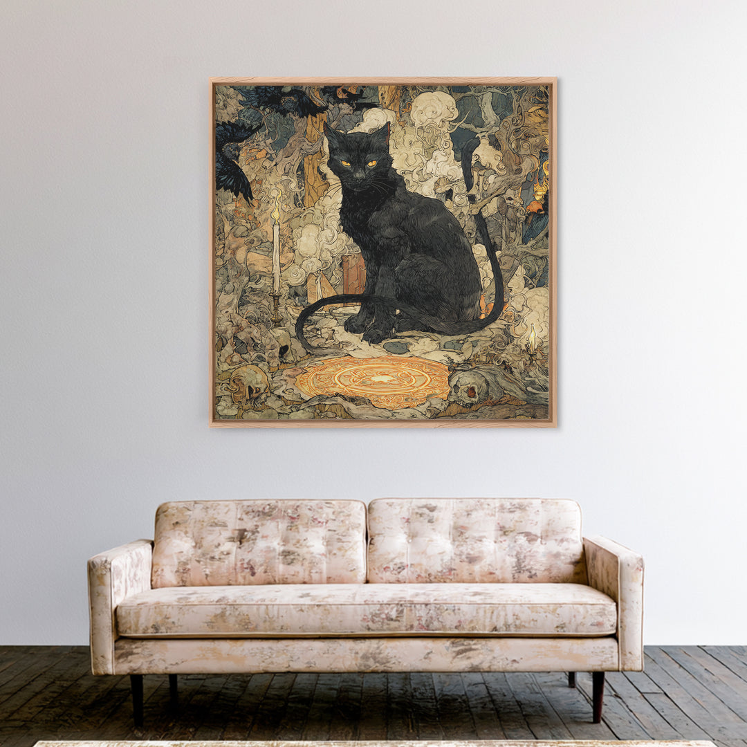 The Black Cat Familiar, Gothic Storybook Art, Square Wall Art, Macabre Wall Art, Framed Canvas Print, Halloween Wall Art