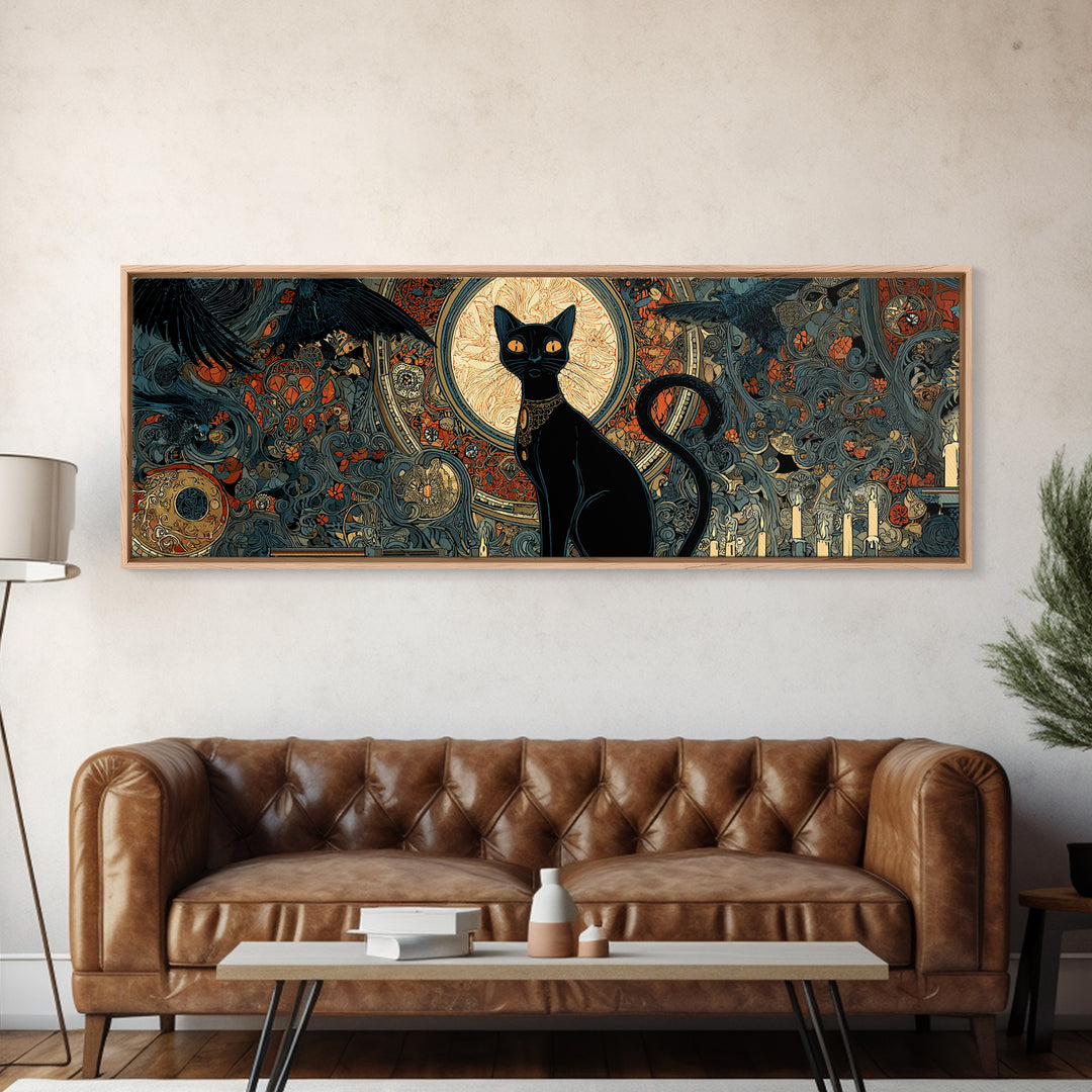 The Black Cat Familiar, Stained Glass Gothic Art, Extra Wide Wall Art, Dark Fantasy Wall Art, Framed Canvas Print, Halloween Wall Art