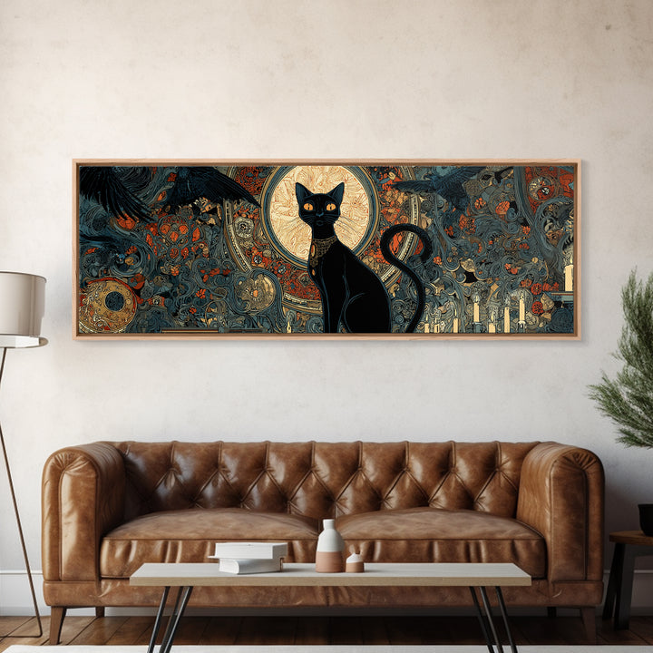 The Black Cat Familiar, Stained Glass Gothic Art, Extra Wide Wall Art, Dark Fantasy Wall Art, Framed Canvas Print, Halloween Wall Art