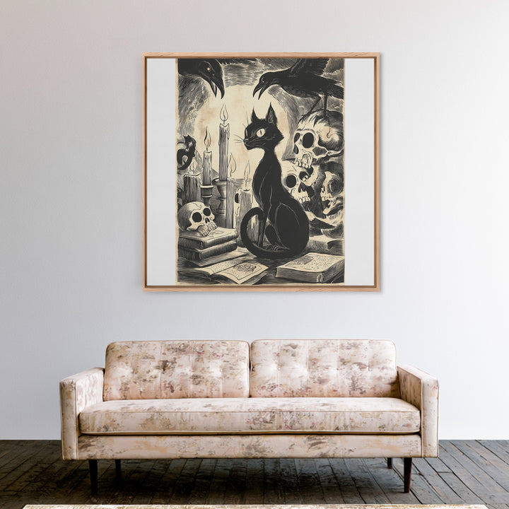 The Black Cat Familiar, Macabre Folk Print Art, Square Wall Art, Macabre Wall Art, Framed Canvas Print, Halloween Wall Art