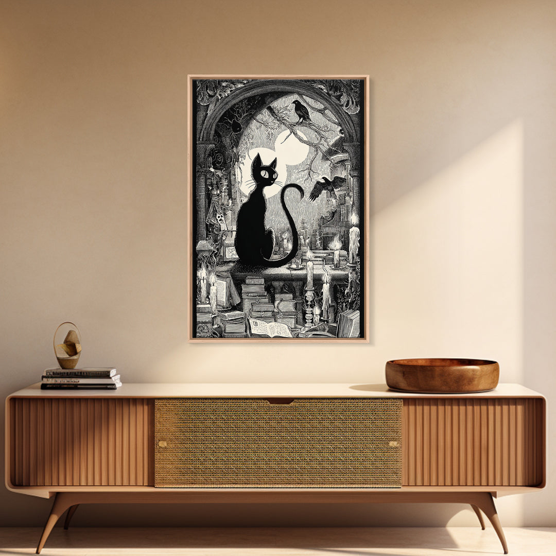 The Black Cat Familiar, Victorian Macabre Art, Vertical Wall Art, Dark Fantasy Wall Art, Framed Canvas Print, Halloween Wall Art