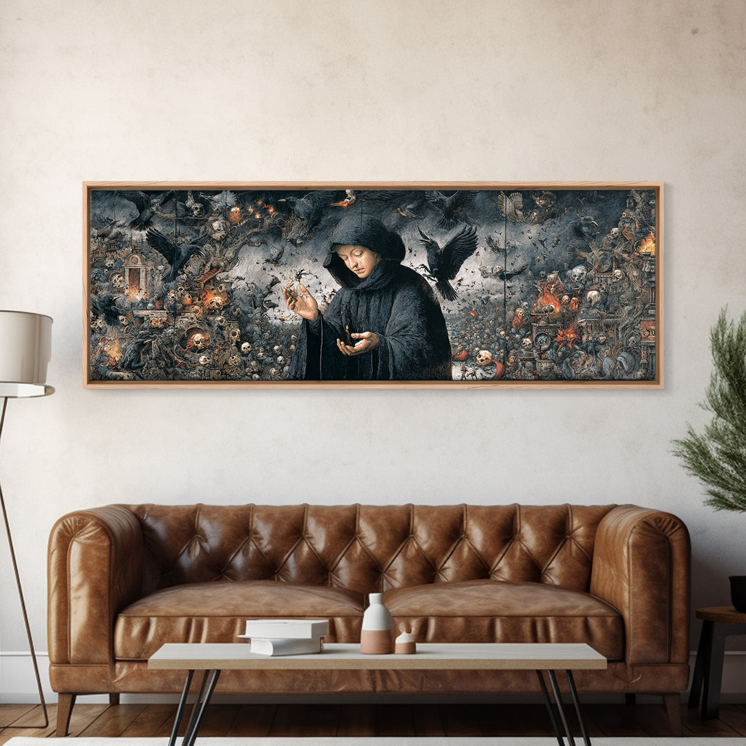 The Raven Keeper, Medieval Grotesque Art, Extra Wide Wall Art, Gothic Horror Wall Art, Framed Canvas Print, Halloween Wall Art