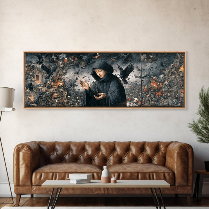 The Raven Keeper, Medieval Grotesque Art, Extra Wide Wall Art, Gothic Horror Wall Art, Framed Canvas Print, Halloween Wall Art